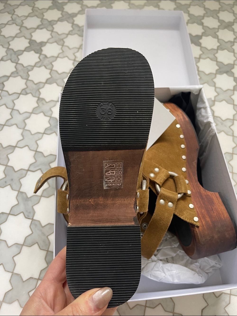 Re/Done Suede Studded Slingback Clog in Camel - Picture 8 of 9